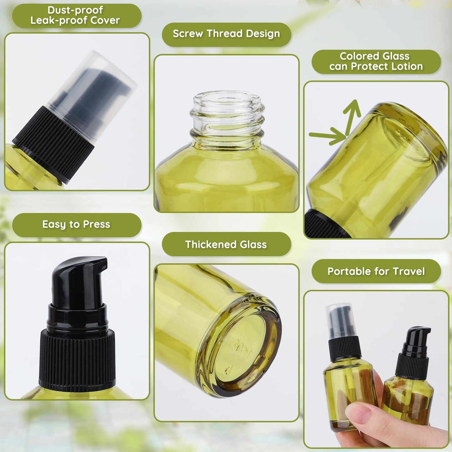Segbeauty 3pcs Empty Refillable Glass Creams Lotions Bottles, 1oz 30ml Travel Glass Pump Bottle lotion Container Foundation Bottle for Travel, Leak Proof Containers for Oils