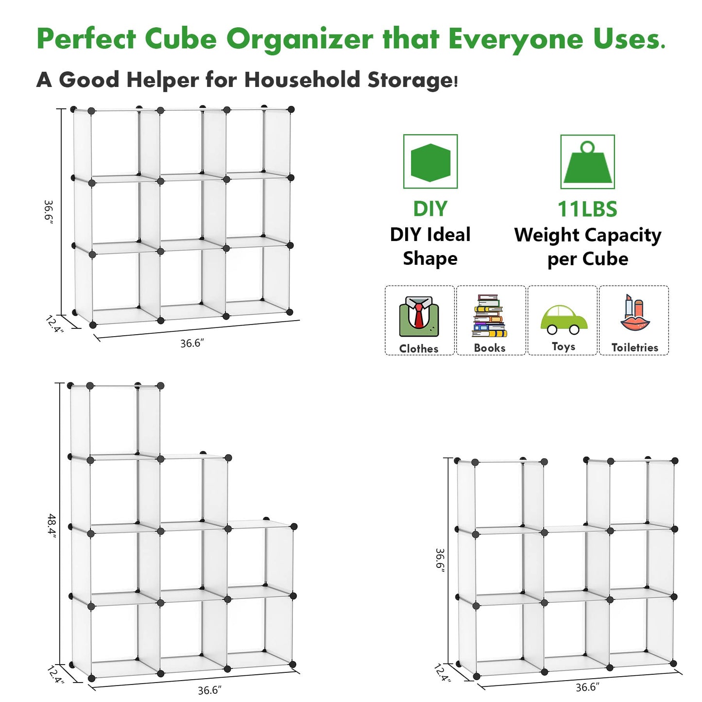 C&AHOME Cube Storage, 9-Cube Plastic Closet Cabinet Organizer, DIY Stackable Bookshelf, Modular shelving Units Ideal for Home, Office, Kids Room, 36.6"L x 12.4" W x 48.4" H Translucent White SBTM3009A