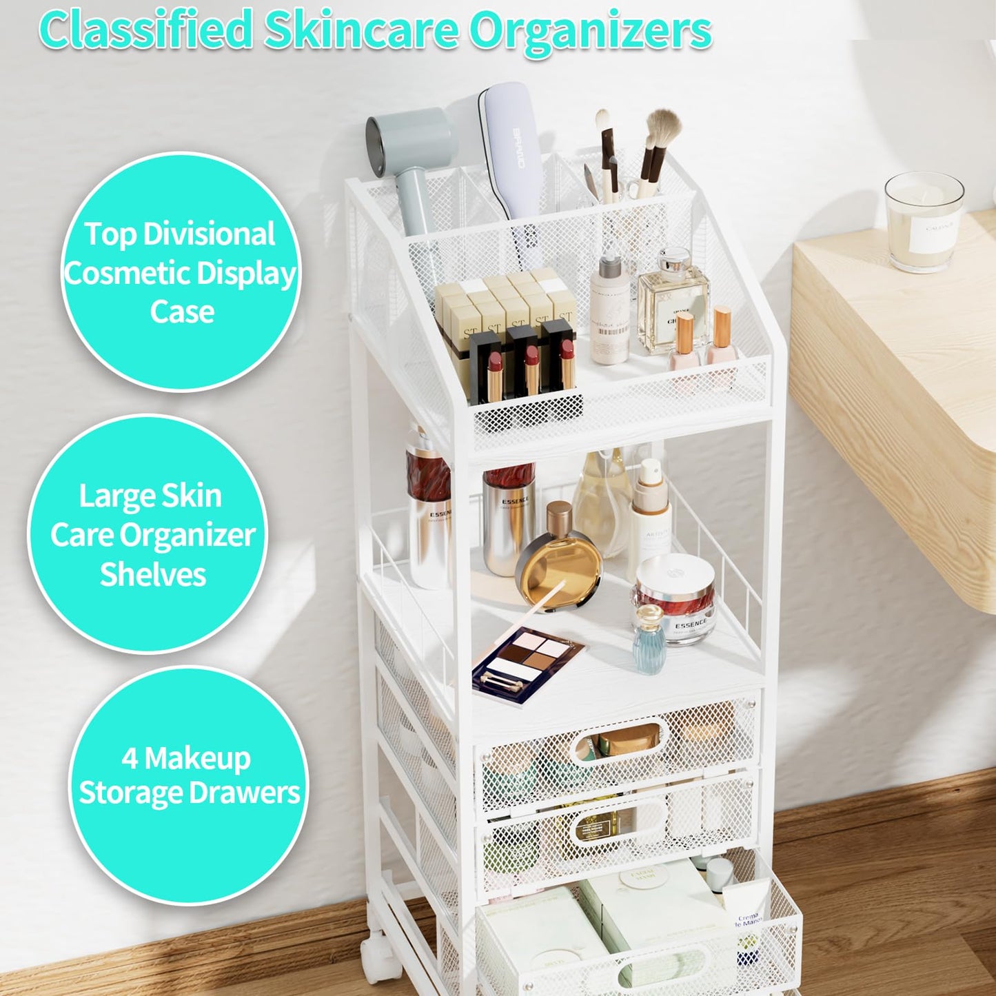 HapiRm Makeup Organizer Storage Cart - Floor Skincare Make Up Storage with 4 Drawers, Rolling Makeup Cart Vanity Organizer Cosmetics Display Cases Holder for Skin Care Perfume Nail Polish