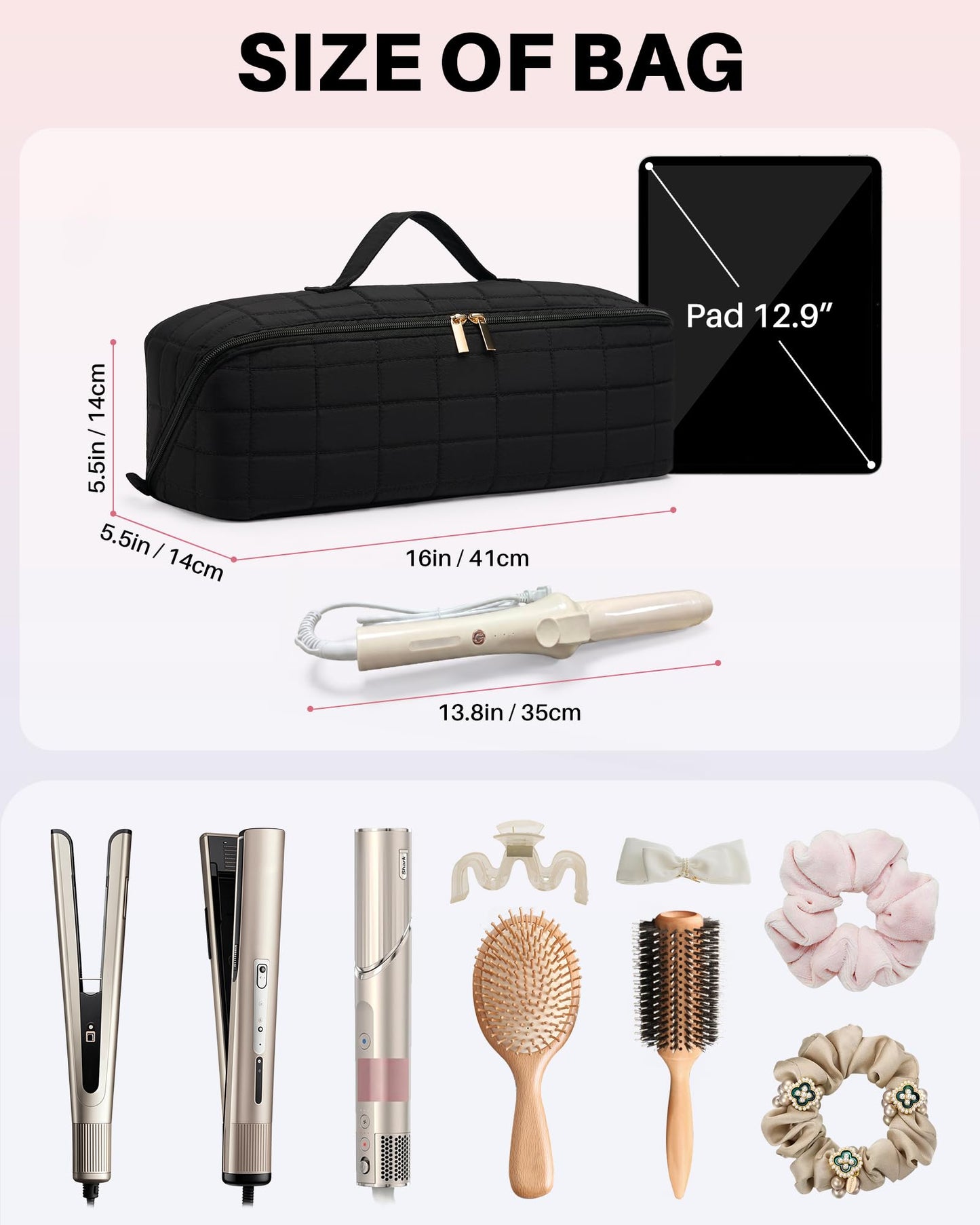 Noldena Hot Tools Travel Case with Heat Resistant Mat Pouch, Large Hair Tool Organizer Bag for Curling Iron Flat Iron Hair Dryer Hot Air Brush, Water Resistant Makeup Bag Gift for Women, Black