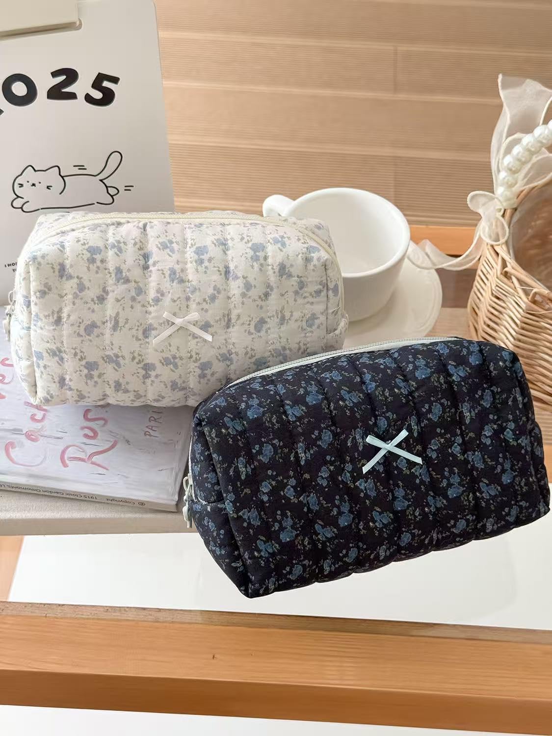 2 Pack Puffy Quilted Makeup Bag Set,Floral Quilted Makeup Pouch,Coquette Cotton Toiletry Bag for Travel Women Girl, Flower Cute Pouch Travel Toiletry Bags,Aesthetic Travel Cosmetic Bags