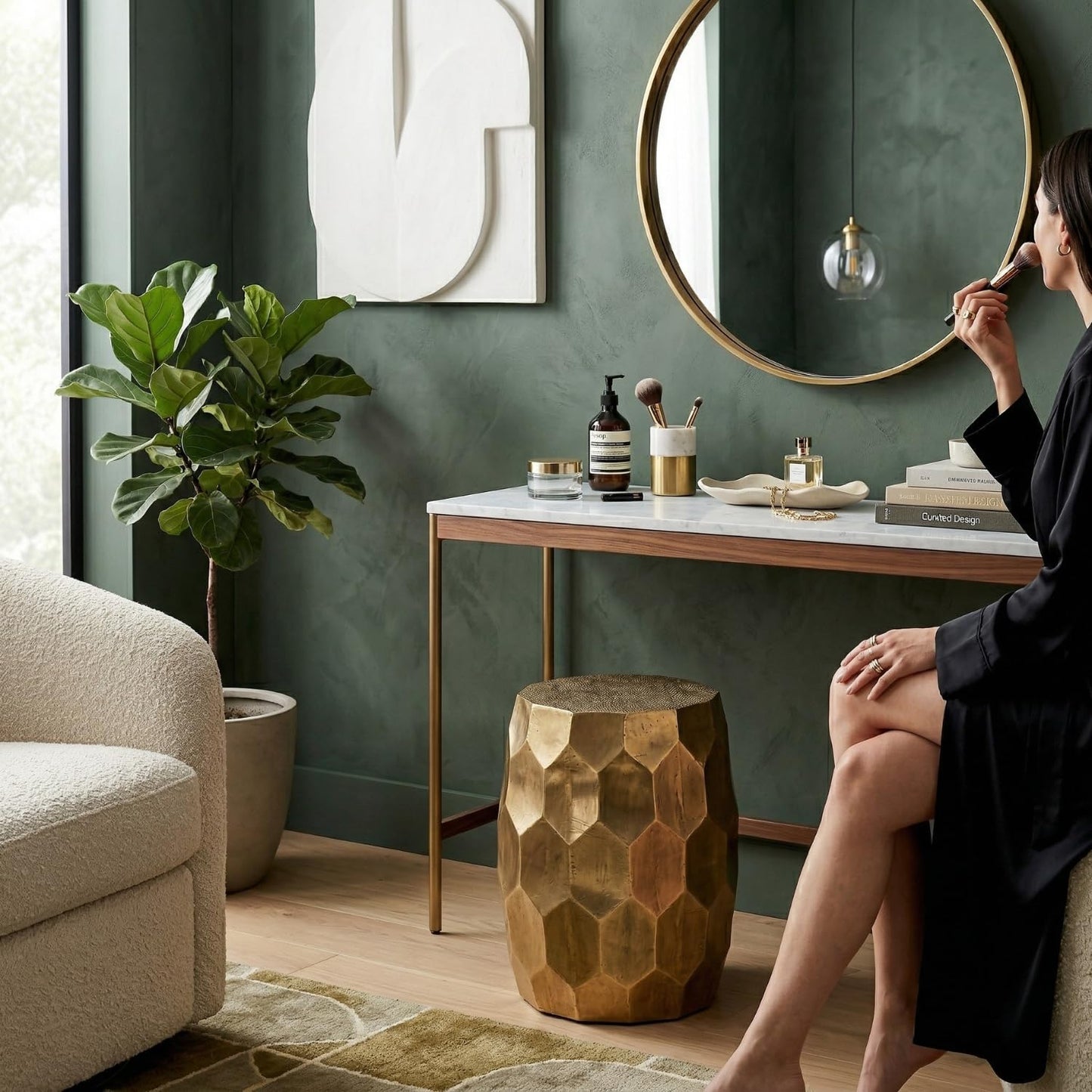 Hives & Honey Anna Side Table, Geometric Mango Wood Accent Table, Modern Rhombus Design, Antiqued Foil Finish, Multi-Use as End Table, Vanity Stool or Decorative Pedestal, Gold