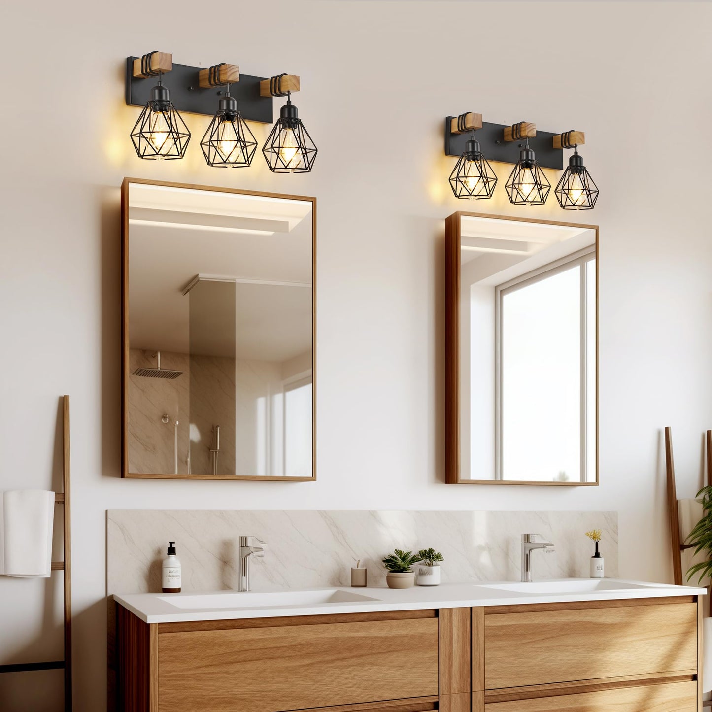 Farmhouse Vanity Light for Bathroom, 3-Light Wood Bathroom Vanity Light Fixtures Over Mirror, Black Rustic Sconces Wall Lighting with Metal Lampshade for Living Room, Bedroom, Hallway
