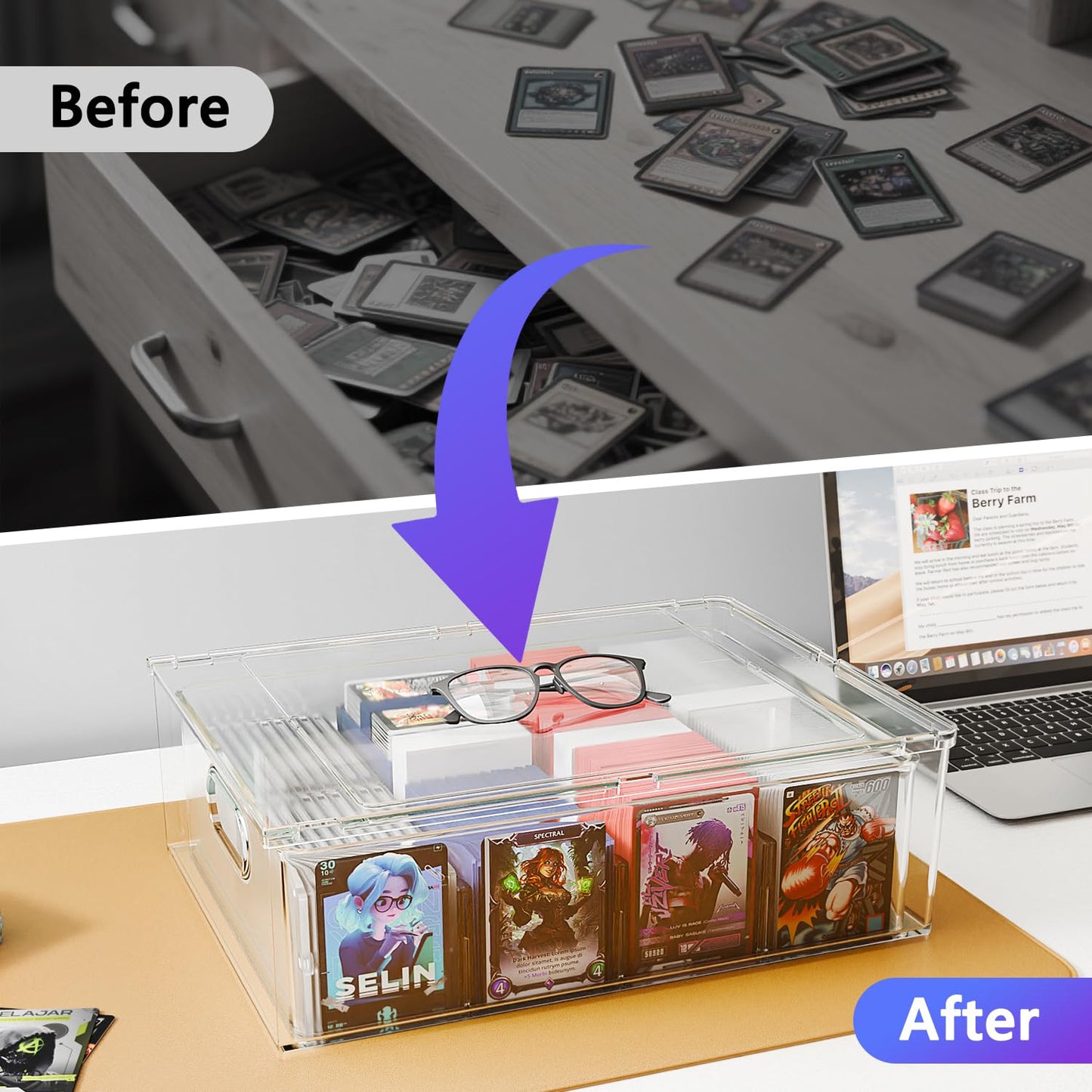 BluBrk Trading Card Storage Box - Clear Large Storage Organizer Holds 3200 Cards with Foam Inserts Blocks – Display Case for TCG, MTG & Sports Cards (1-Pack)