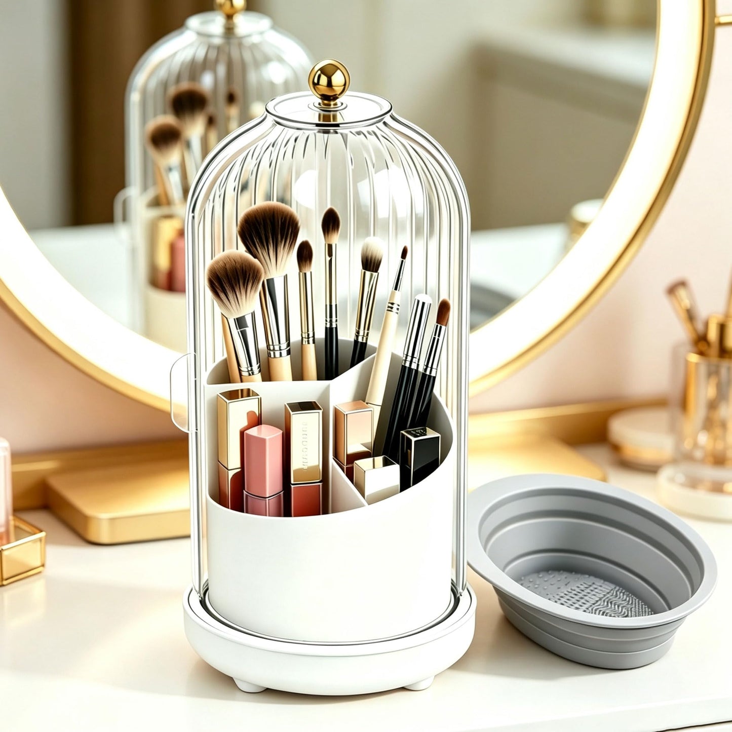 Makeup Brush Holder with Lid Rotating Clear Dustproof Make Up Organizers for Vanity Makeup Brush Storage Box Toothbrush Holders Toothpaste Holder Bathroom Counter Stand Sink Organizer Caddy for Vanity