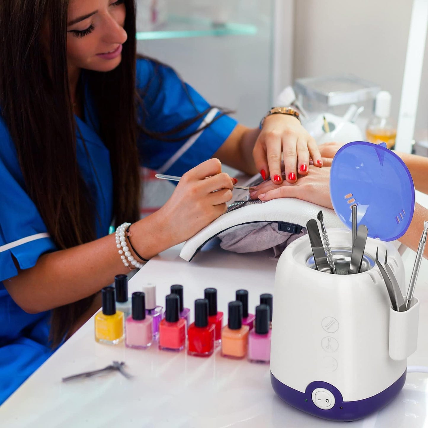 GoLashFun Nail Tool SterilizerCleaner Machine,High Temperature Cleaning Nail Tool Cleaning Pot for Manicure Nail Salon Nipper Hair Cutting Scissors Cleaning Equipment (Blue with Storage Container)