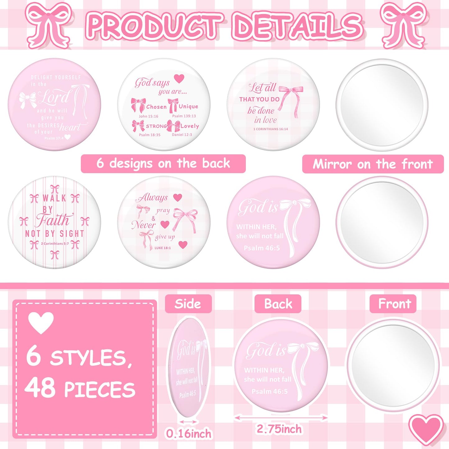 Namalu 48 Pcs Pink Bow Party Favors Pink Bow Coquette Mini Pocket Mirrors Inspirational Christian Gifts Bulk for Women Portable Round Makeup Mirror Church Religious(Bible Verse)