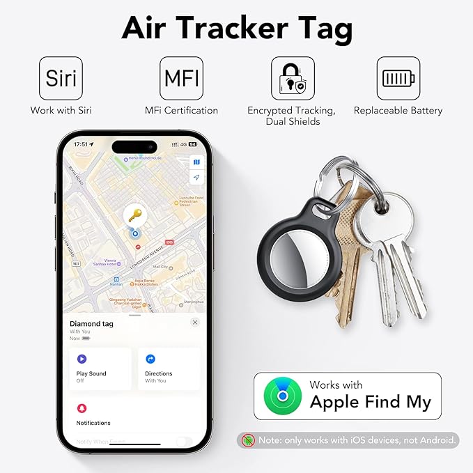 Air Tracker Tags-4 Pack | Bluetooth Tracker Work with Apple Find My (iOS Only), Smart Tag with Protective Case/Keychain/Lanyard, Item Finder for Key/Wallet/Bag, Replaceable Battery, Ink Black