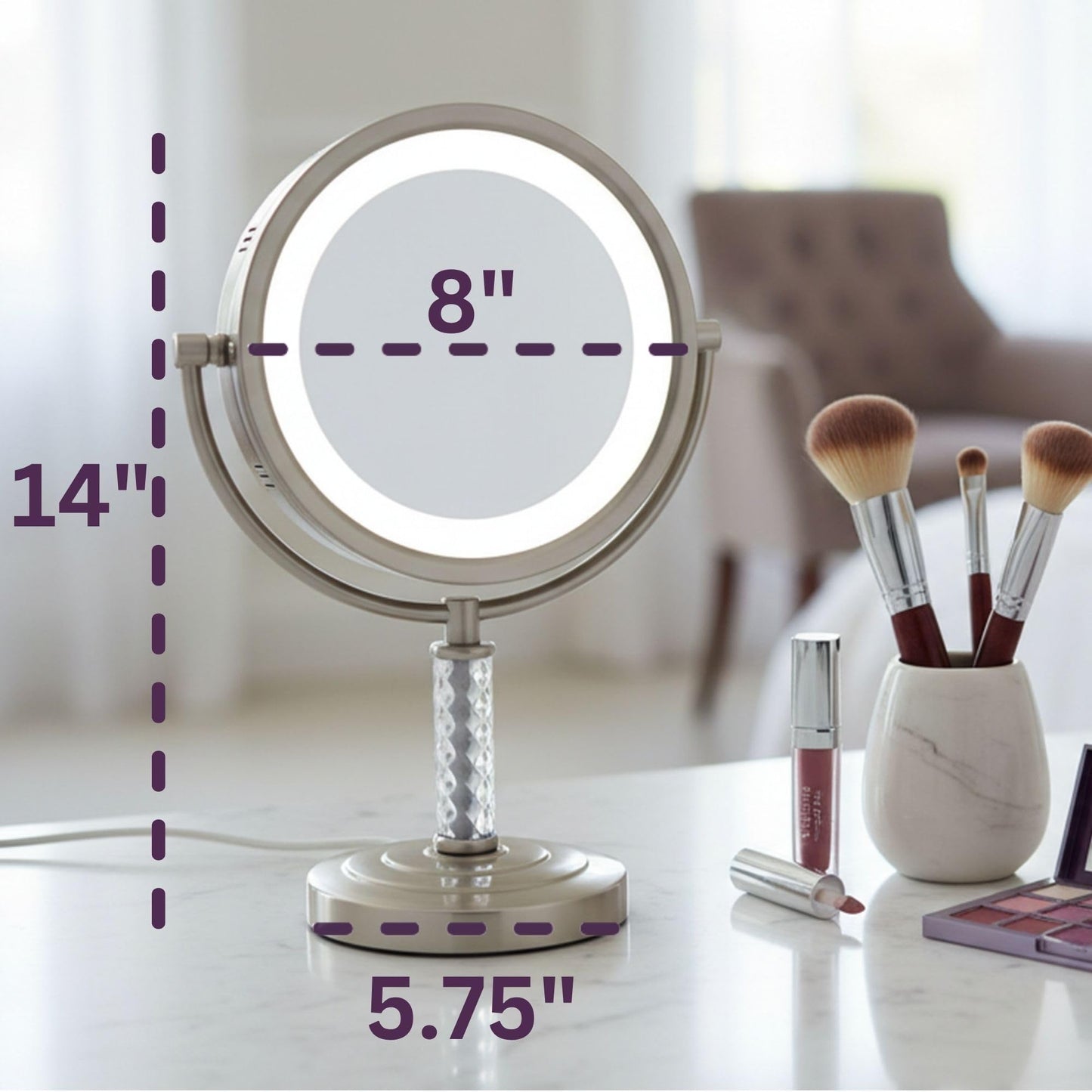 JERDON Lighted Makeup Mirror – 6X Magnifying Tabletop Vanity Mirror for Precision Makeup, Tweezing & Grooming – 8" Nickel Finish, 360° Swivel – Model HL856MNC
