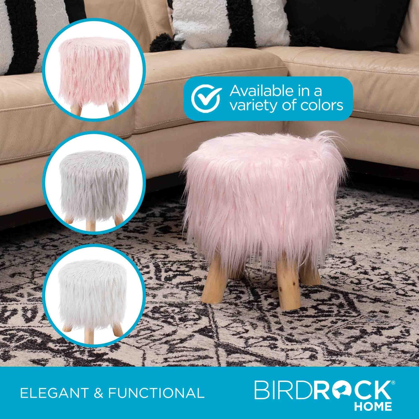 BIRDROCK HOME Faux Fur Foot Stool Ottoman – Upholstered Vanity Chair w/Natural Wood Legs - Soft Compact Padded Seat for Makeup Room, Living Room, Bedroom – Decorative Accent Furniture – Pink