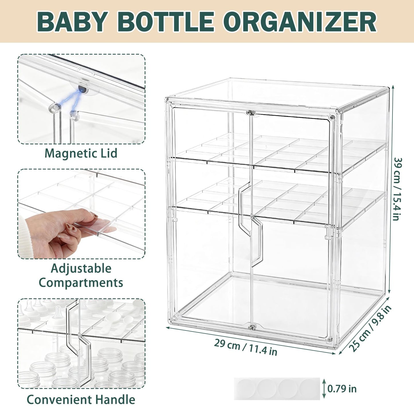 Baby Bottle Organizer, 3-Tier Bottle Storage for Countertop with Double Magnetic Doors, Clear Plastic Bottle Station Organizer Mom Gifts with 2 Dividers for Kitchen, Bathroom, Cabinet, Vanity