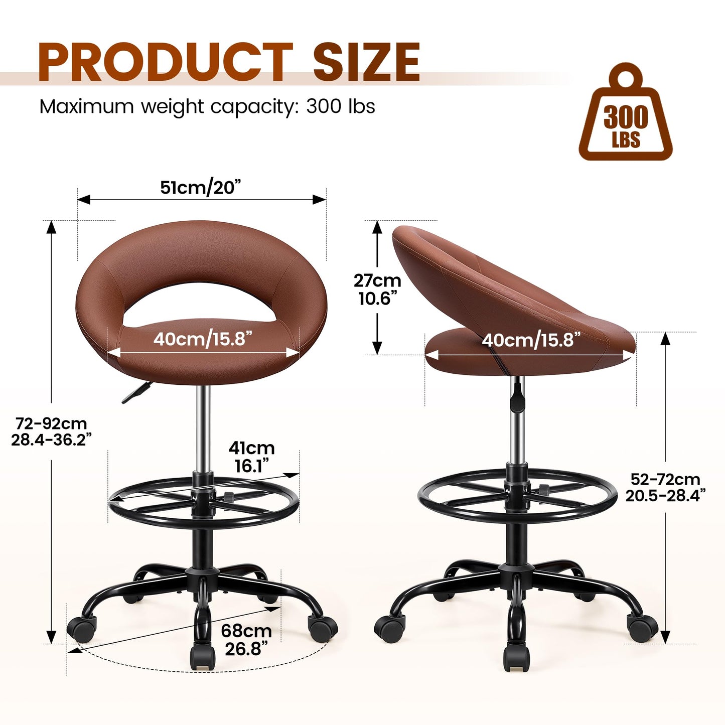 Stella Mia Bar Stool with Back Support – PU Leather Drafting Chair, Adjustable Foot Rest & Rolling Wheels, Swivel Tall Stool for Kitchen Island, Salon, Vanity, Standing Desk, Brown