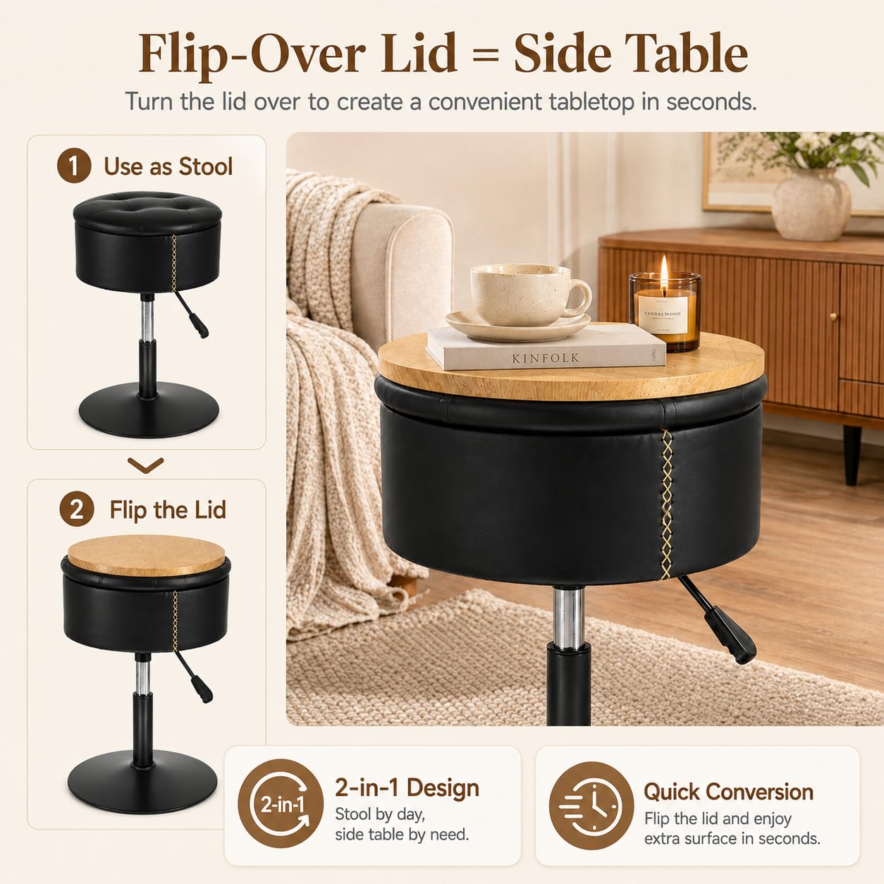 ACEQLYT 2 in 1 Adjustable Storage Vanity Stool with Flip-Over Wood Tray, 360° Swivel Vanity Chair with Storage, Small Round Makeup Stool for Vanity, Black PU Leather