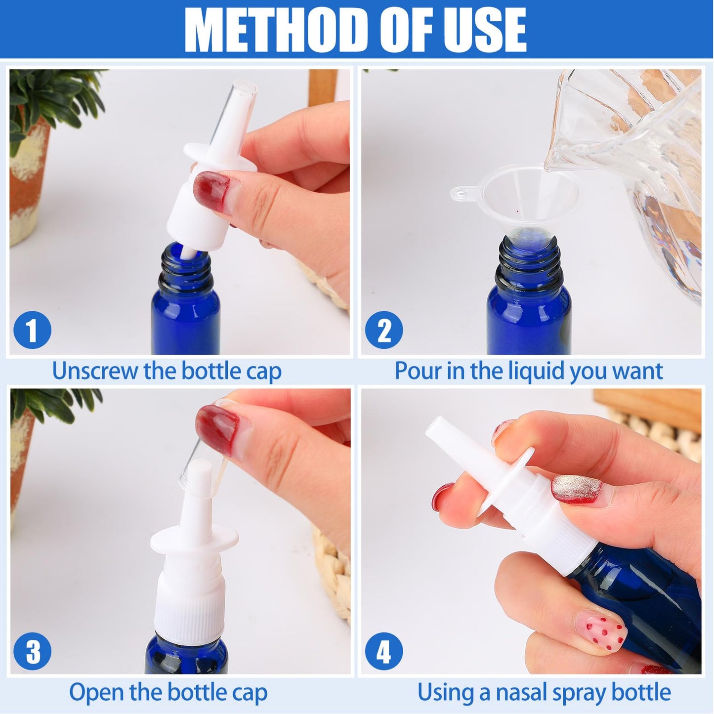 ZHWKMYP 40 Pcs Nasal Spray Bottle, 10ML/0.35OZ 24 Pcs Refillable Glass Blue Nasal Spray Bottles Empty with 8 Funnels and 8 Labels