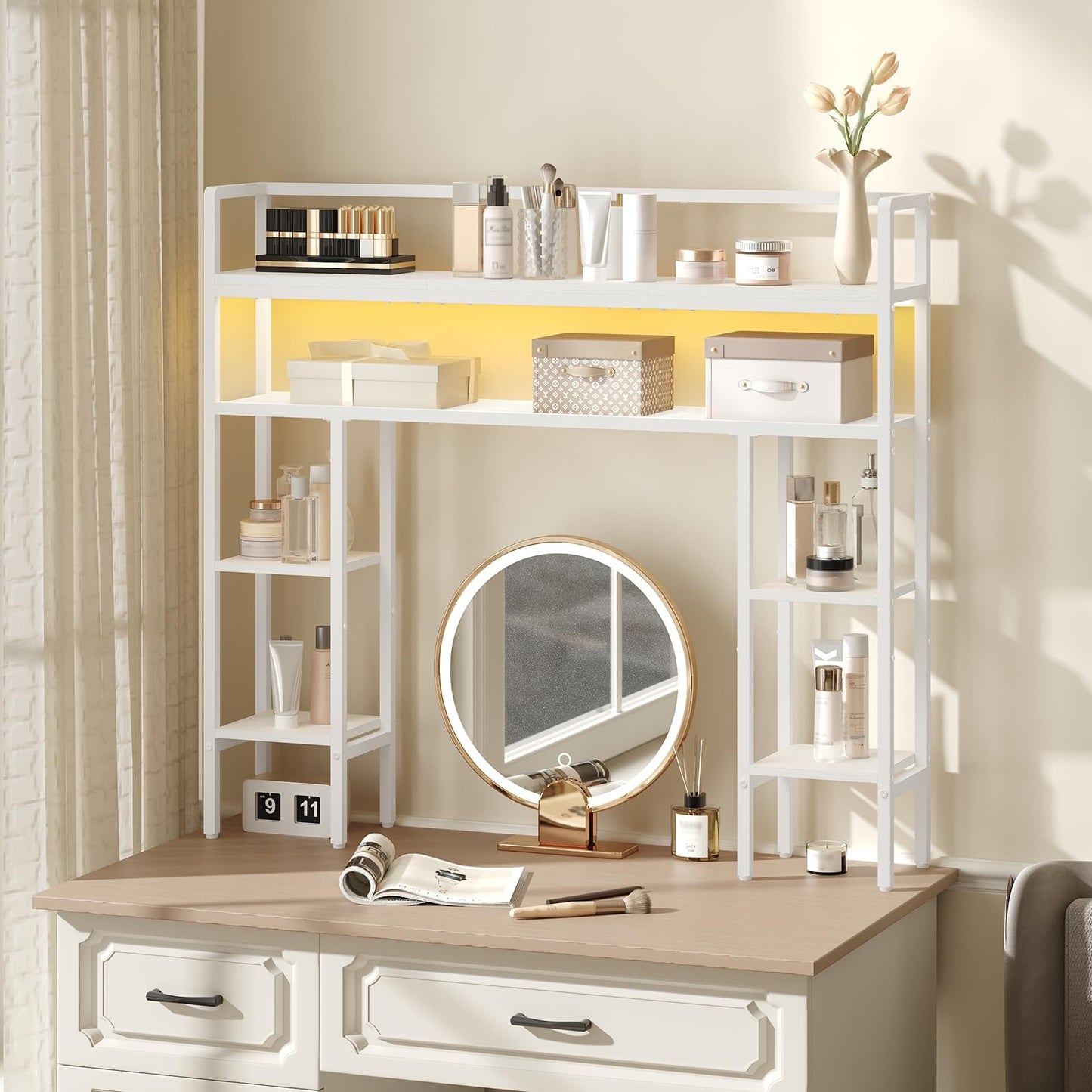 MAHANCRIS Desk Shelf, 43.3" Desk Hutch with Light Strip, Office Desktop Organizer, 5 Tier Desktop Bookshelf for Computer Monitor, Storage Rack for Study, Home Office, White DSWT9801