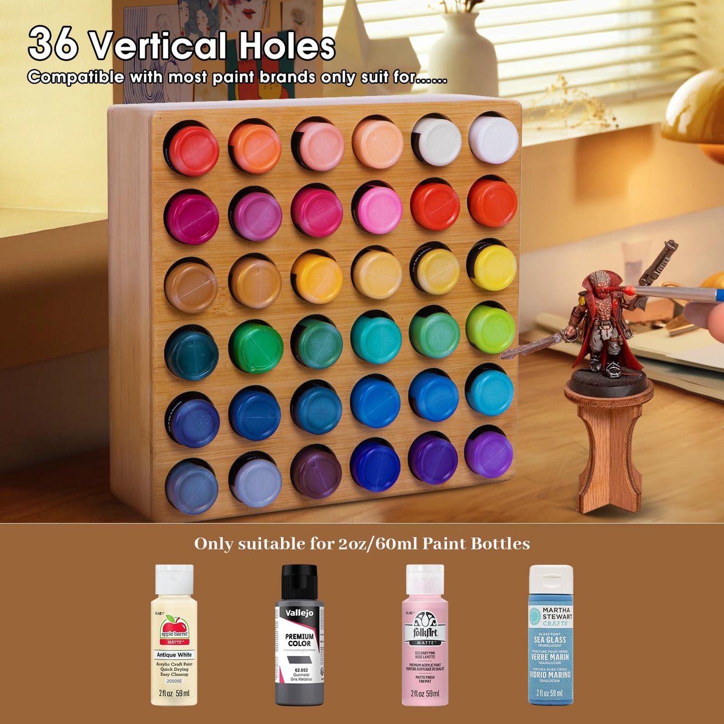 TIKSPCAE Bamboo Craft Paint Storage Organizer,36-Hole Vertical Paint Rack Stand for 2oz Craft & Acrylic Paints,Stackable Modular Storage Solution for Home, Classroom, and Office