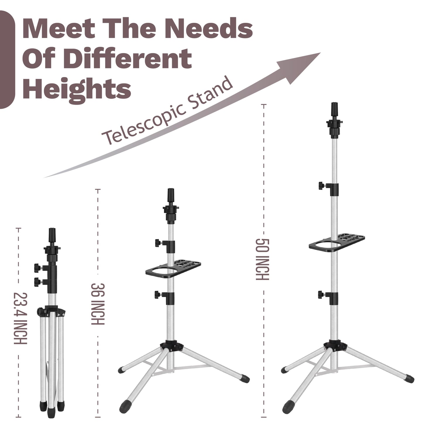 ZQIAN BEAUTY Wig Stand Tripod 50 Inch Metal Wig Mannequin Head Tripod Stand For Hairdressing Training Head Adjustable Wig Tripod Stand with Tool Tray (Silvery, Mannequin Head Not Included)