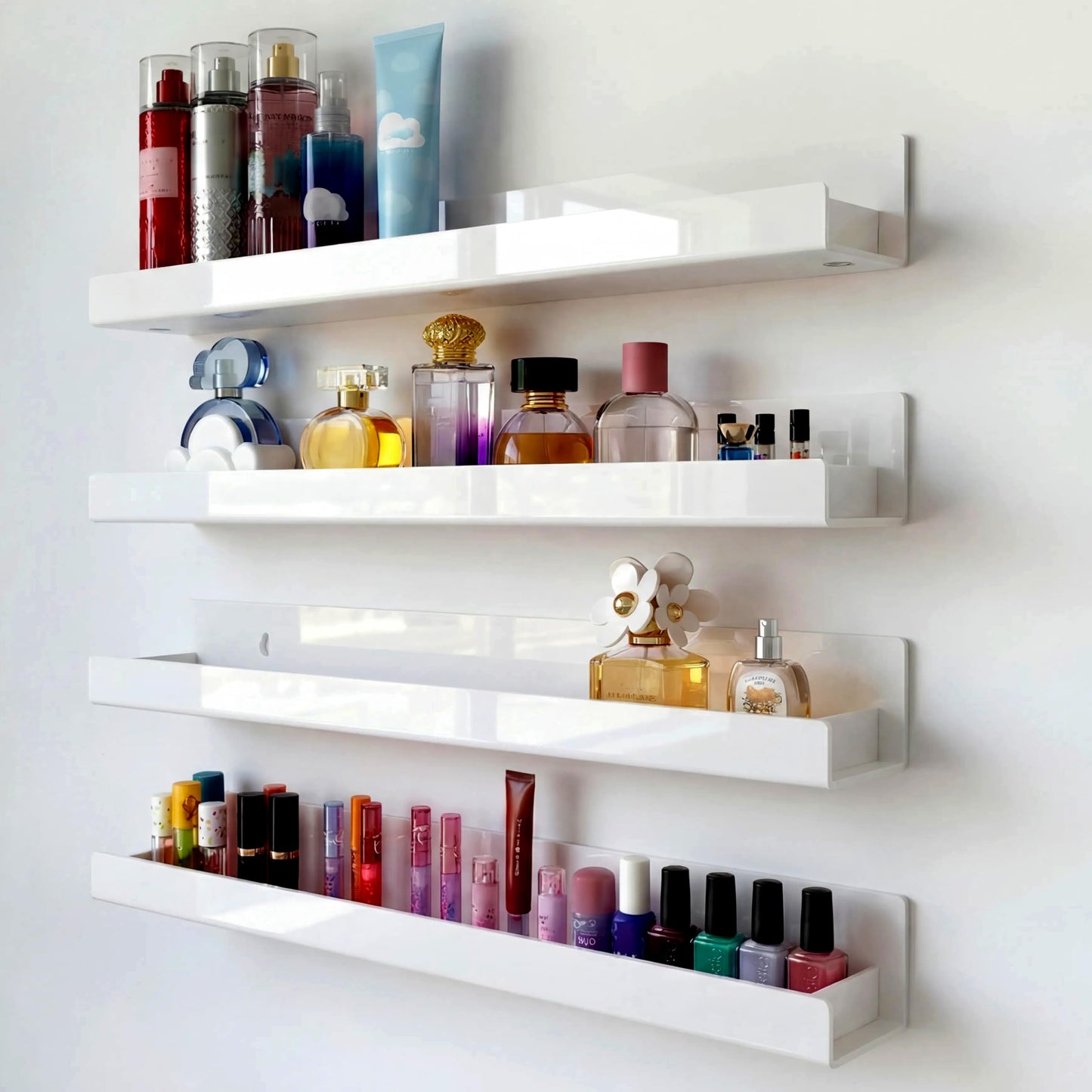 RORKIM 4 Pack 15 Inch Whtie Acrylic Shelves, Kids Floating Bookshelf for Kids Room, Modern Nail Polish Rack Sunglasses Essential Oil Picture Ledge Display Toy Storage Wall Shelf