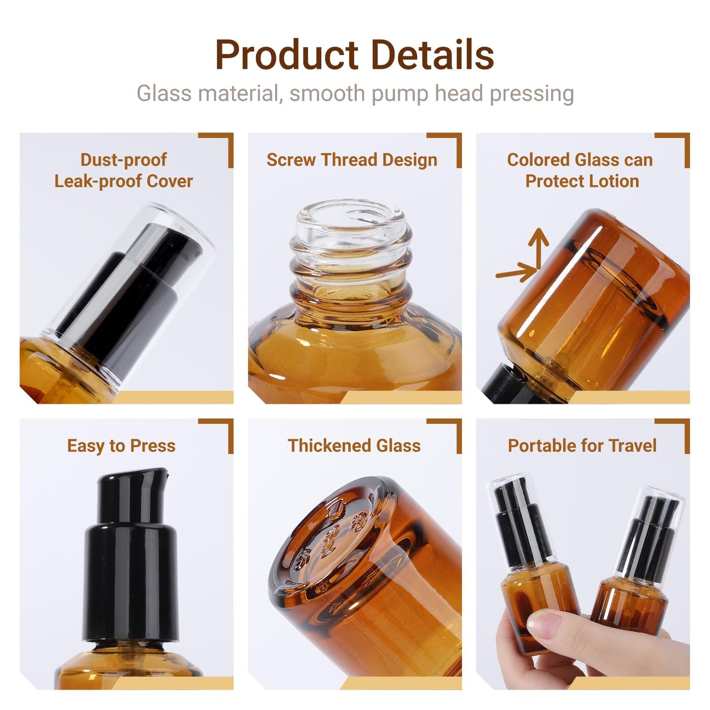 Segbeauty 0.5oz Glass Refillable Travel Bottles, 3pcs Lotion Pump Bottle Dispenser, 15ml Amber Mini Travel Containers for Creams, Lotion Dispenser with Pump, Small Sample Bottle Liquid Container