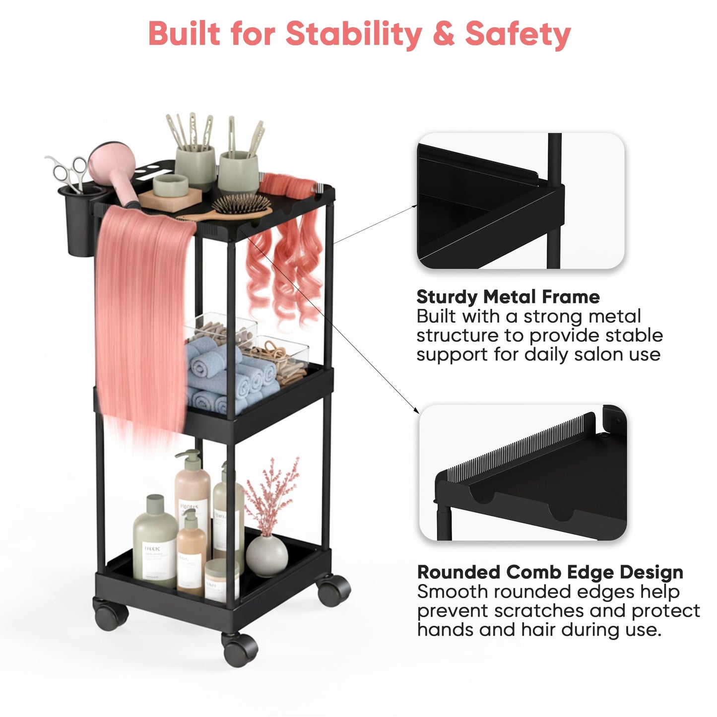 Veonly Metal 3 Tiers Salon Rolling Tray,Salon Tray on Wheels,Hair Extension Holder Salon Trolley,Hairstylist Tool Storage Cart for Salon(Black)