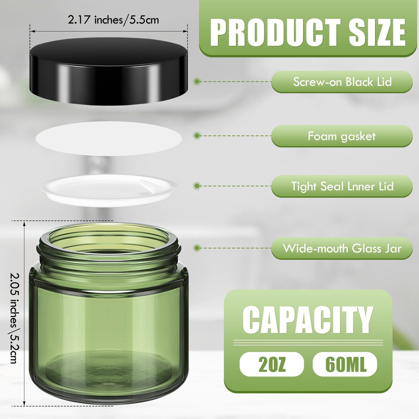 Domensi 48 Pcs 2 oz Glass Jars with Lids Travel Size Round Leakproof Empty Cosmetic Jars with Inner Liners Lid for Storing Makeup Lotions Face Cream Ointments DIY Making (Olive Green)