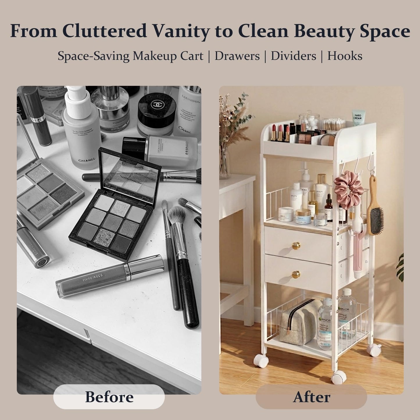 DongRong Makeup Organizer Cart, Rolling Floor Skincare Organizer and Storage with 2 Wooden Drawers, Cosmetics Display Cases Holder for Skin Care Perfume Hair Tools Nail Polish（White & Gold）