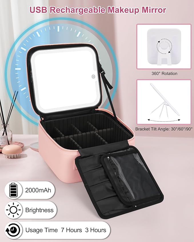 Relavel Initial Makeup Bag with LED Mirror for Women Girls, Personalized Travel Cosmetic Organizer Train Case, Birthday Gifts for Grandkids Bridesmaid Graduation Teacher Friends, Trendy Stuff, Pink L