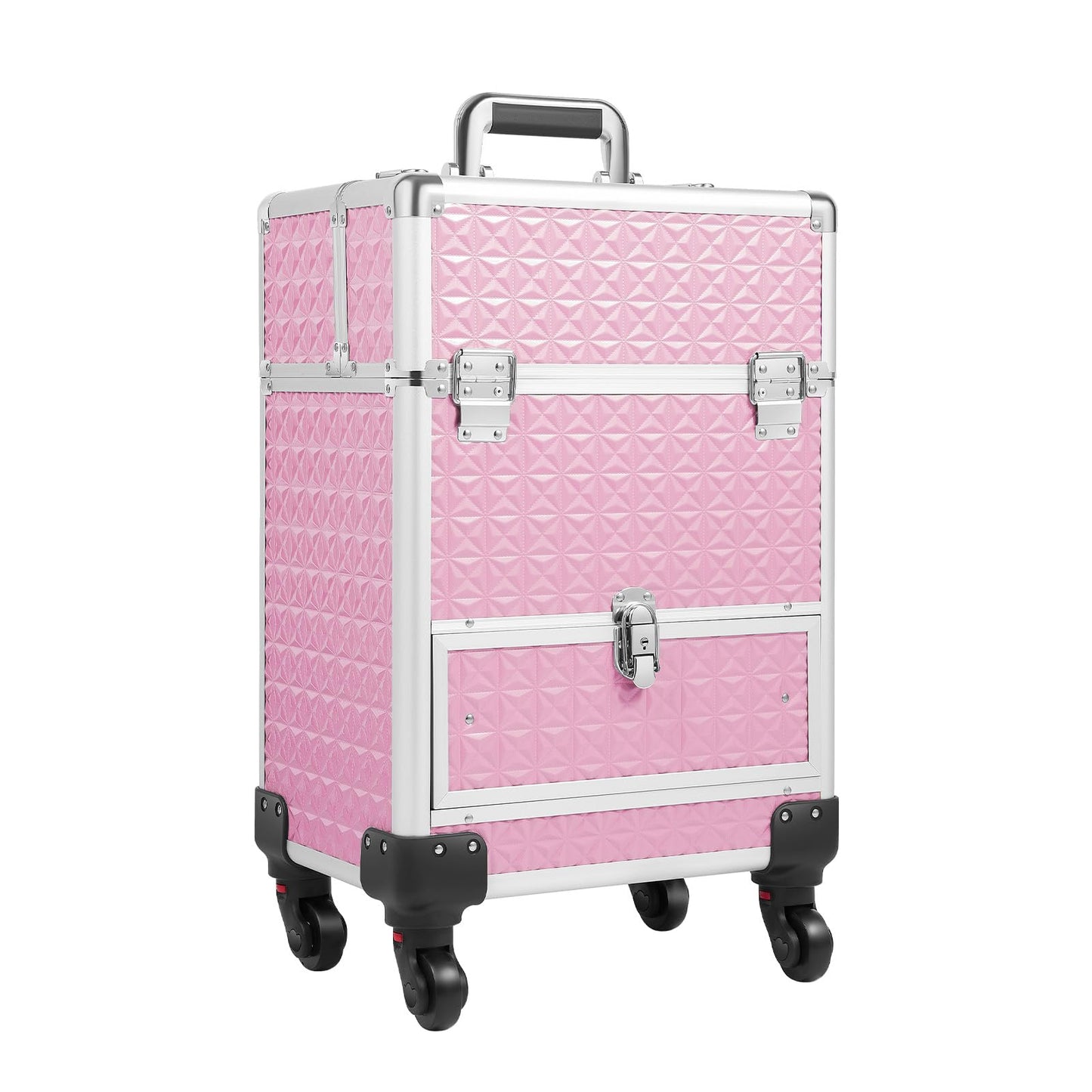 eaizybuk Makeup Train Case, Rolling Aluminum Makeup Case, 4 Detachable Wheels& 2 Keys, Professional Cosmetology Case Suitcase on Wheels, Lockable Beauty Storage Hair Stylists Travel Bag,Pink