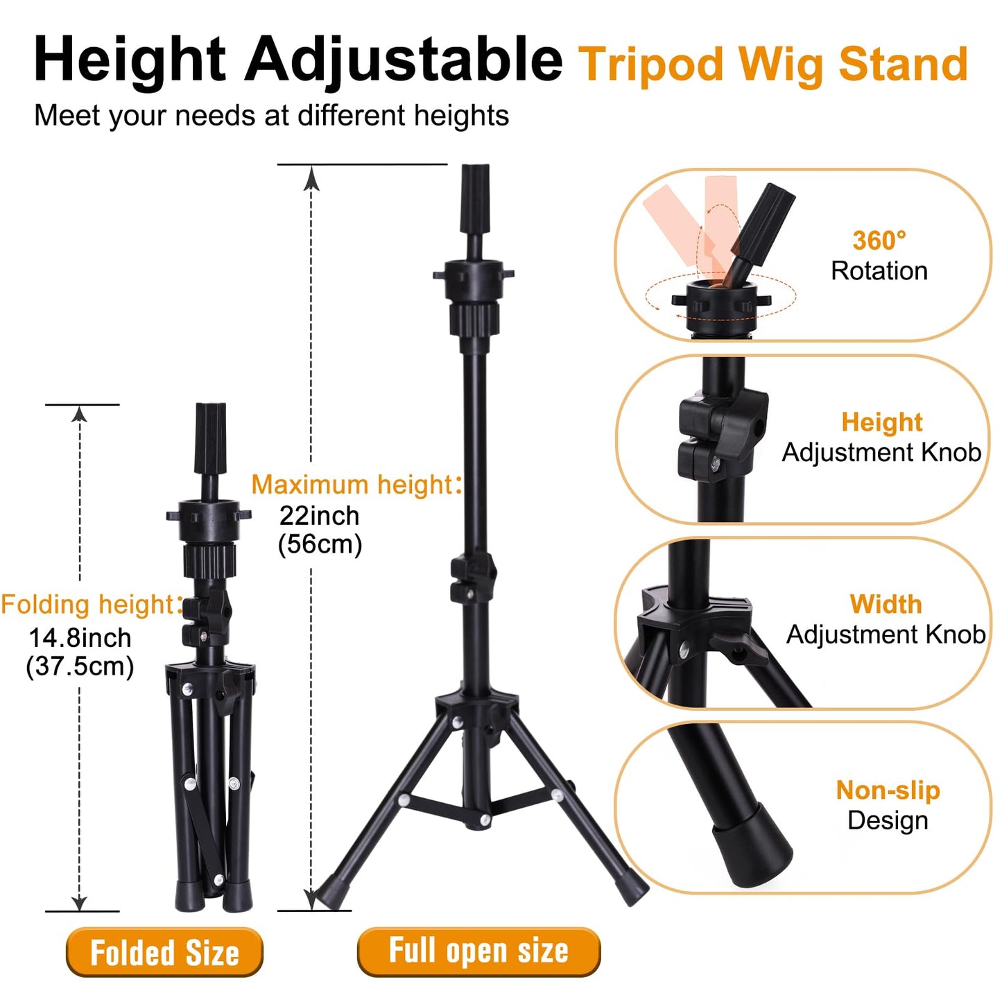 PWEOUKE 22 Inch Canvas Wig Head with Stand for Wigs ,14-22 Inch Height Adjustable Wig Stand Tripod with Canvas Block Wig Head,Manikin Head Block Set for Cosmetology with Wig Stand and Storage Bag