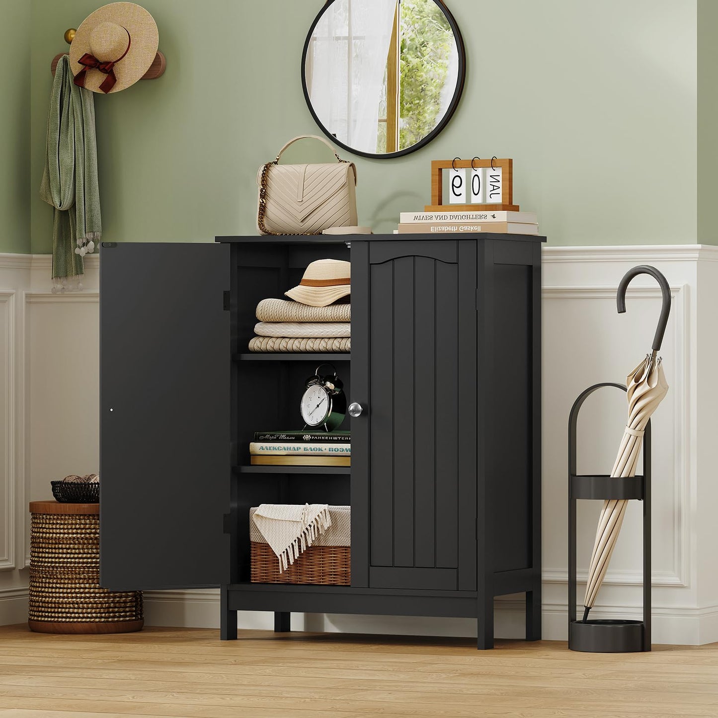 Iwell Bathroom Cabinet, Bathroom Storage Cabinet with 2 Doors & 3 Shelves, 3 Heights Available, for Living Room, Entryway, Kitchen, Home Office, Black