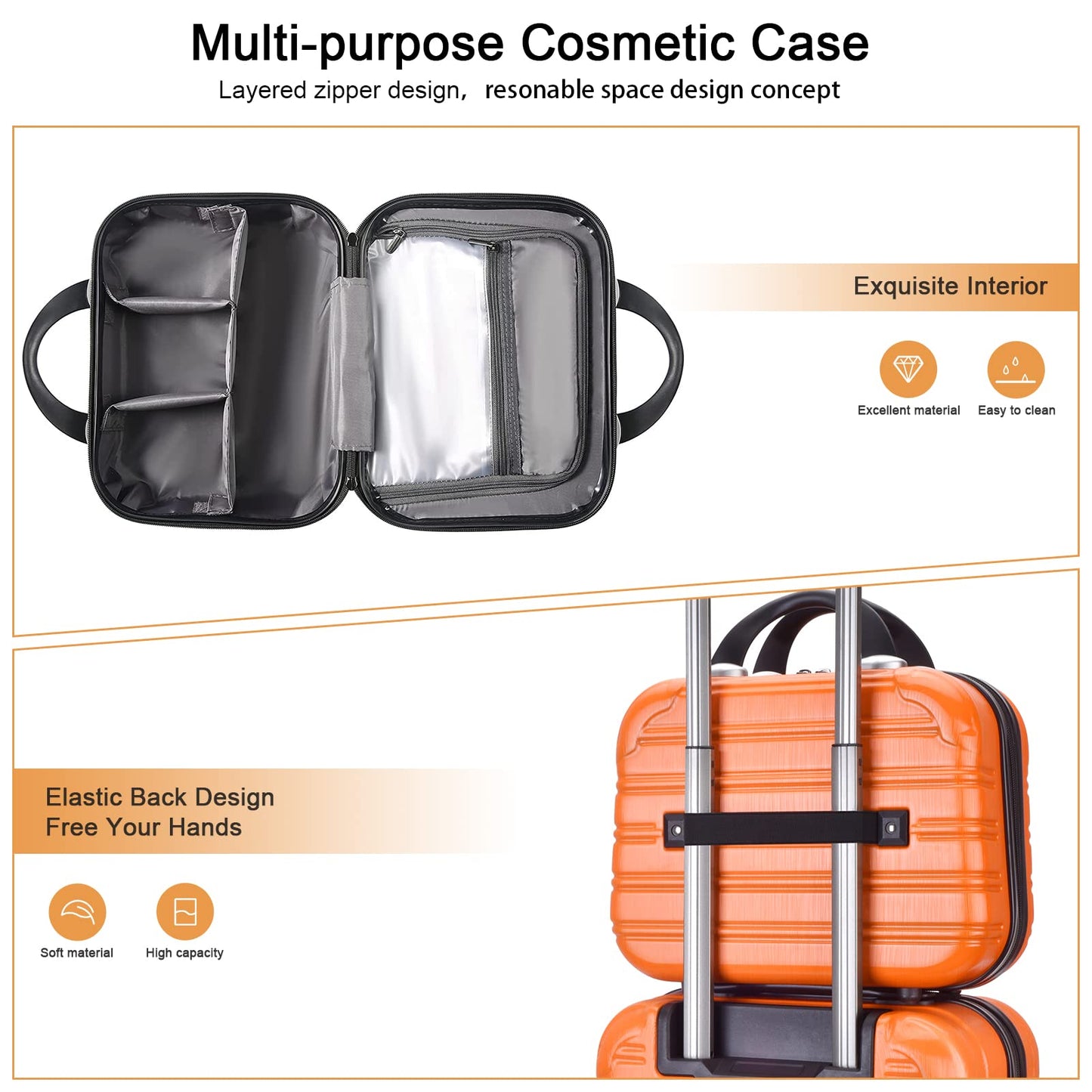 14 Inch Makeup Train Case PC ABS Hard Shell Cosmetic Organizer Portable Toiletry Bag Travel Vanity Case Small Suitcase Makeup Box for Women Outside Activity With Back Strap
