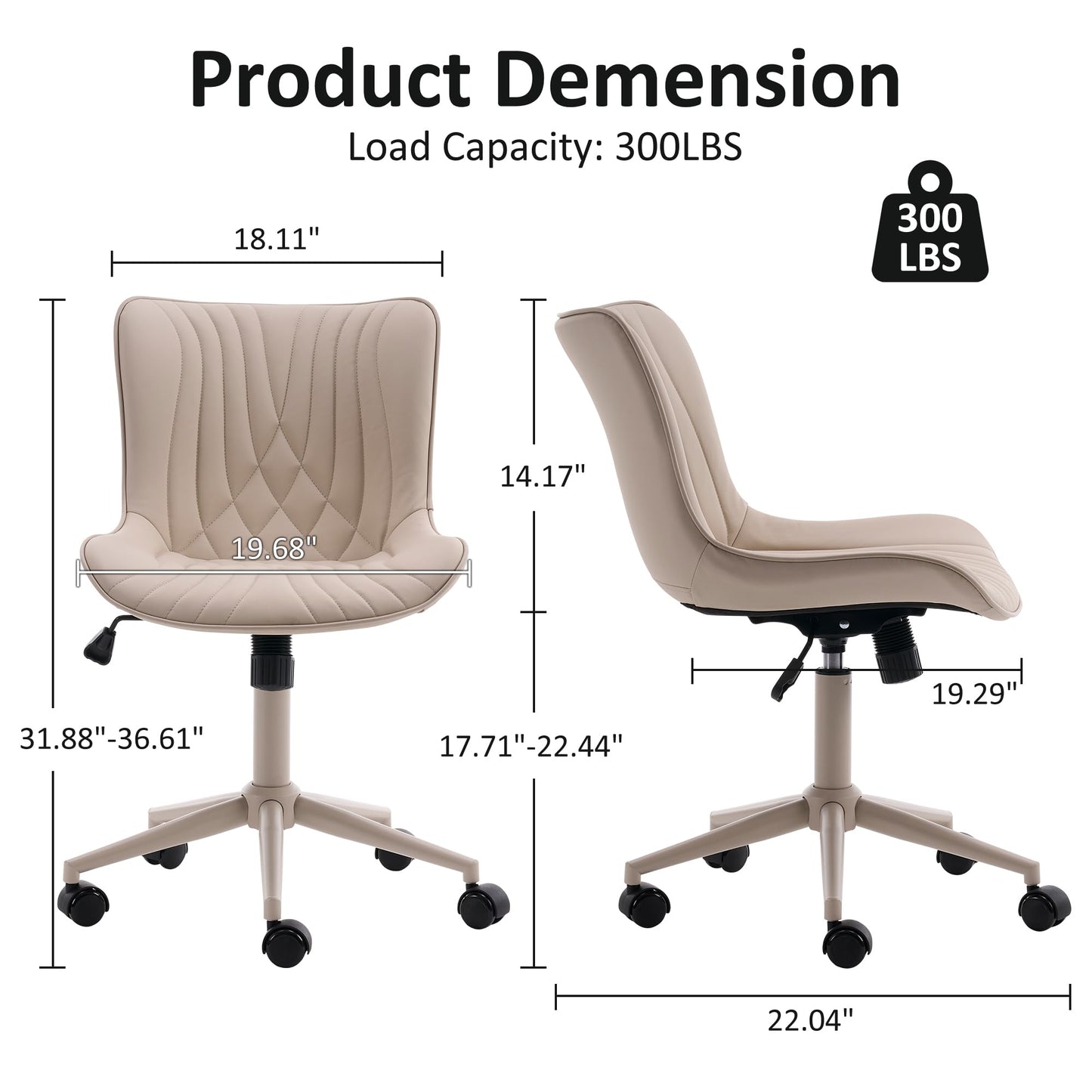 YOUTASTE All Cream Office Chair, Modern Armless Desk Chair with Back, Adjustable Swivel Rolling Faux Leather Task Chair with Wheels Metal Base for Home Office, Study, or Vanity