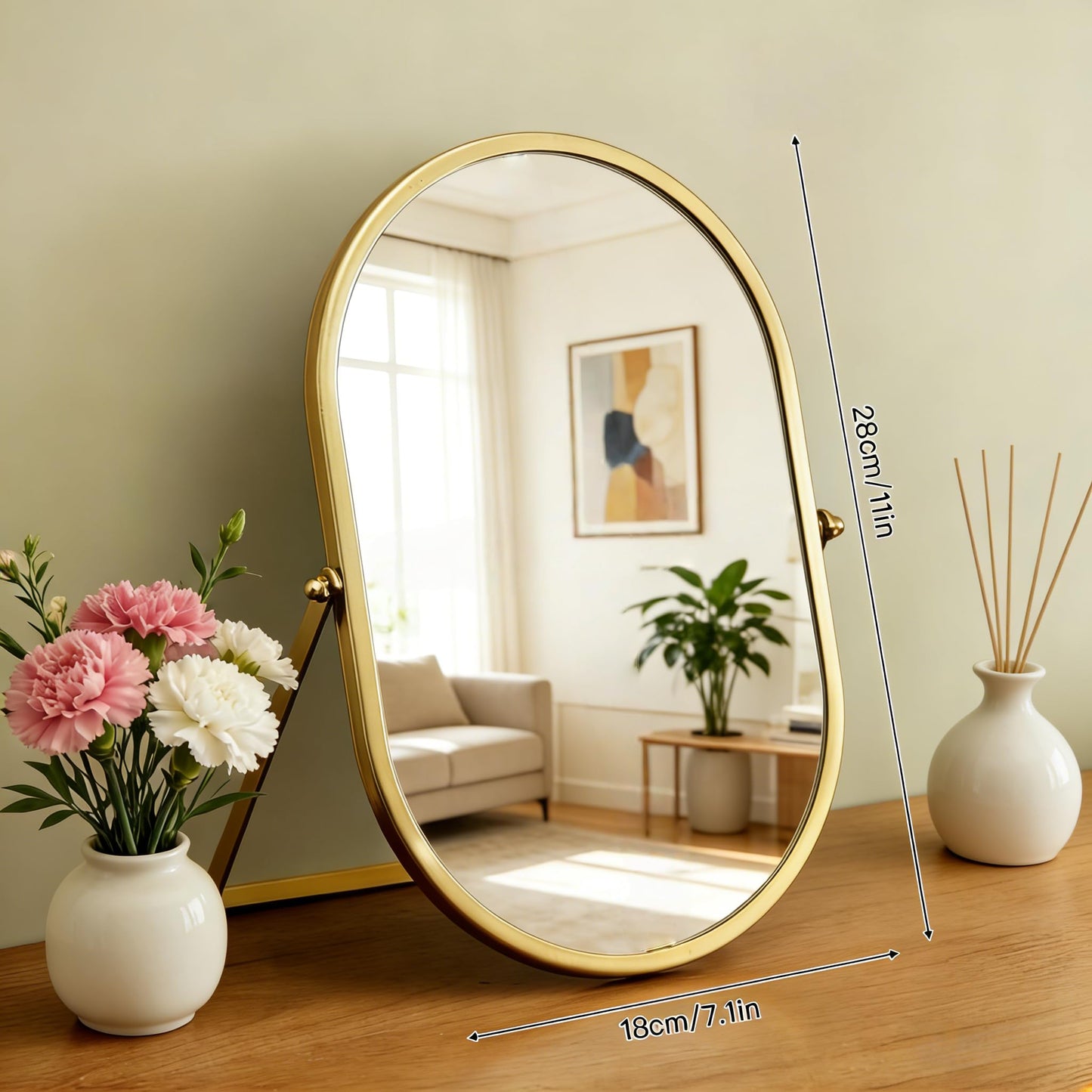 yxyzylzrx Gold Oval Vanity Mirror, 360° Rotation 180° Tilt Adjustable Desktop Makeup Mirror with Metal Frame, Decorative Standing Mirror for Bedroom, Bathroom, Living Room