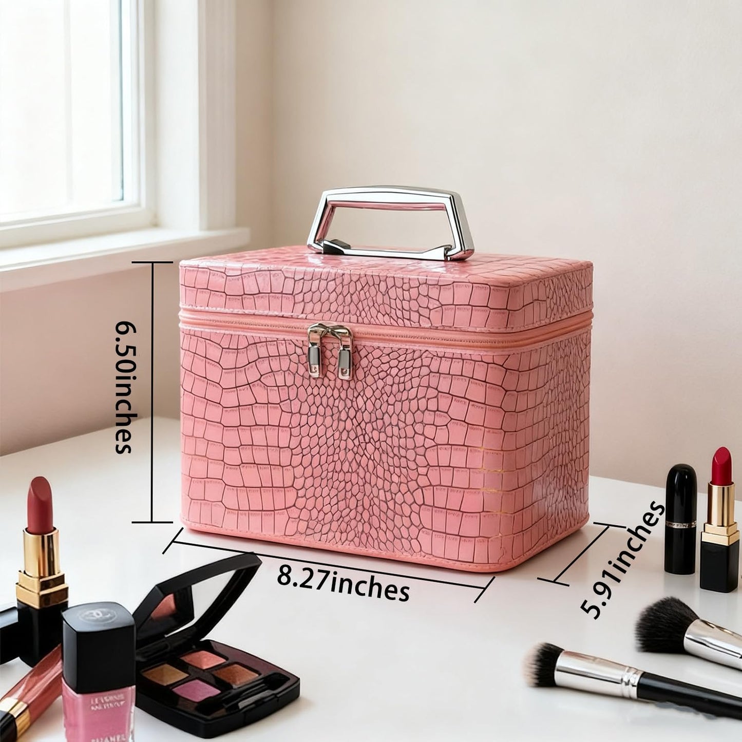 Chic Large Capacity Makeup Bag l Vanity Bag, Structured Cosmetic Organizer with Handle, Water-Resistant Portable Travel Toiletry Bag, Soft PU Leather Makeup Pouch for Women, Daily Use & Travel