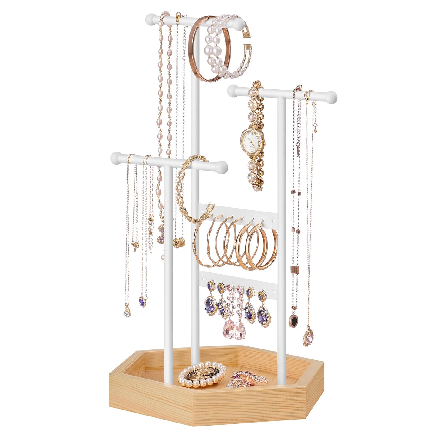 SONGMICS Jewelry Holder, Jewelry Organizer, 3 Tiers and 1 Tray, Jewelry Display Stand with Metal Frame, Necklace Earring Bracelet Holder, for Rings, Matte White and Natural Beige UJJS03NW