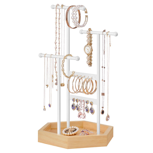 SONGMICS Jewelry Holder, Jewelry Organizer, 3 Tiers and 1 Tray, Jewelry Display Stand with Metal Frame, Necklace Earring Bracelet Holder, for Rings, Matte White and Natural Beige UJJS03NW