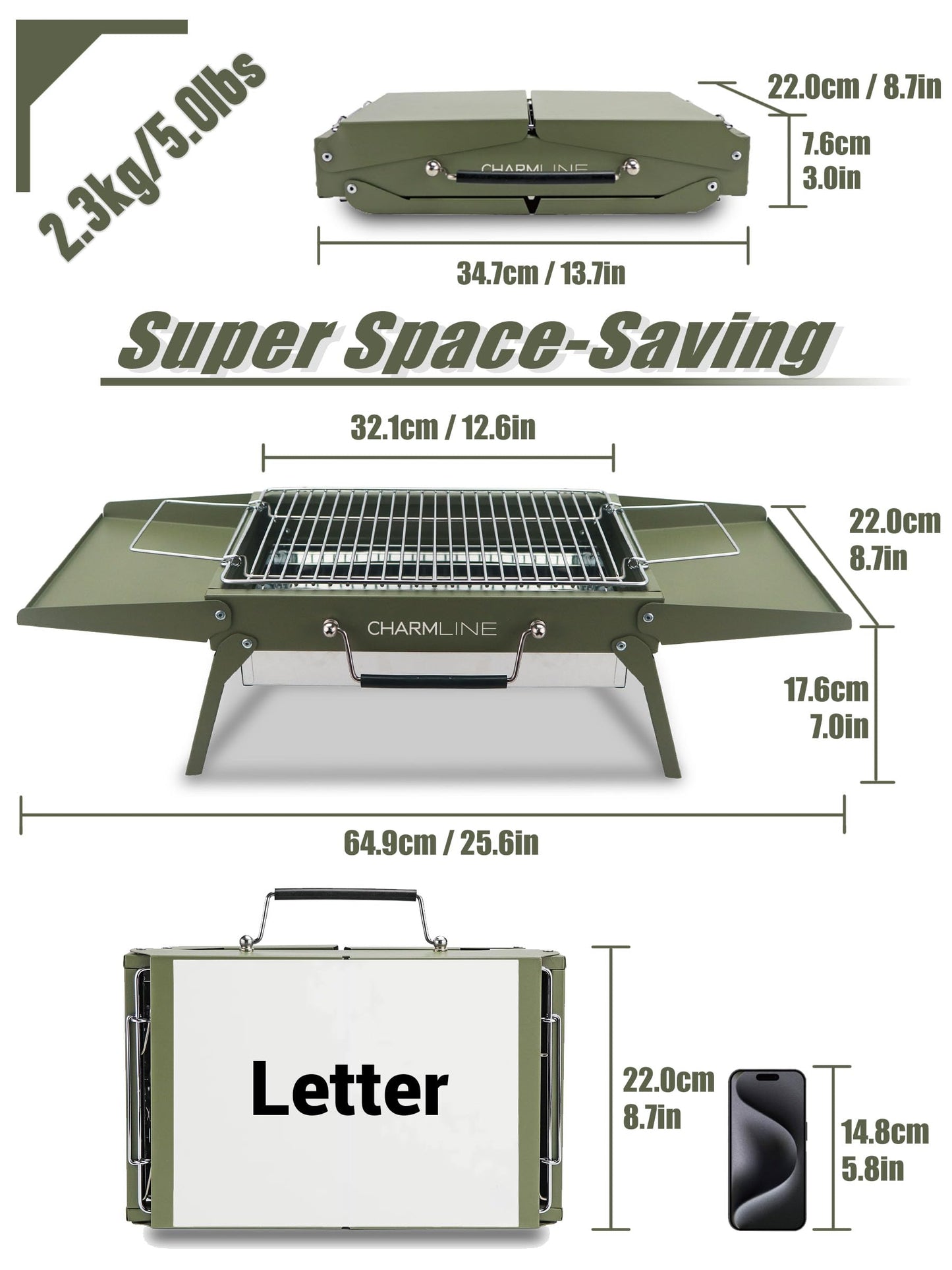 Charmline 14 x 9 inches Small Portable Charcoal BBQ Grill, Foldable Compact Camping Barbecue for 1–3 People, Ideal for Garden, Beach, Picnic & Tabletop Use, Green