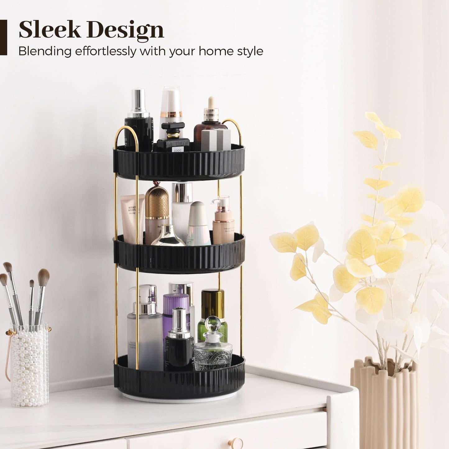 Aveniee 360 Rotating Makeup Organizer for Vanity, Large Spinning Bathroom Counter Organizer Shelf Holder for Cosmetics, Skin Care, Lipsticks,3 Tiers, Black