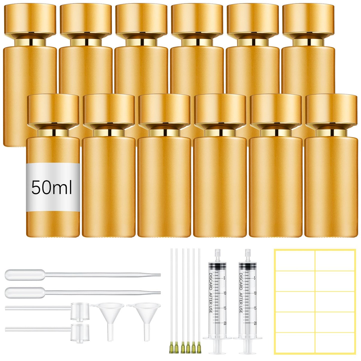 Teenyyou 12 Pack 50 ml Glass Perfume Bottles and Refill Tools Set, Travel Perfume Atomizer Spray Bottles, Portable Empty Refillable Atomizer Decanters with Dispenser Transfer Kit (Gold)