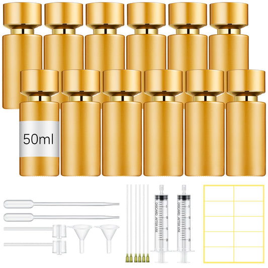 Teenyyou 12 Pack 50 ml Glass Perfume Bottles and Refill Tools Set, Travel Perfume Atomizer Spray Bottles, Portable Empty Refillable Atomizer Decanters with Dispenser Transfer Kit (Gold)