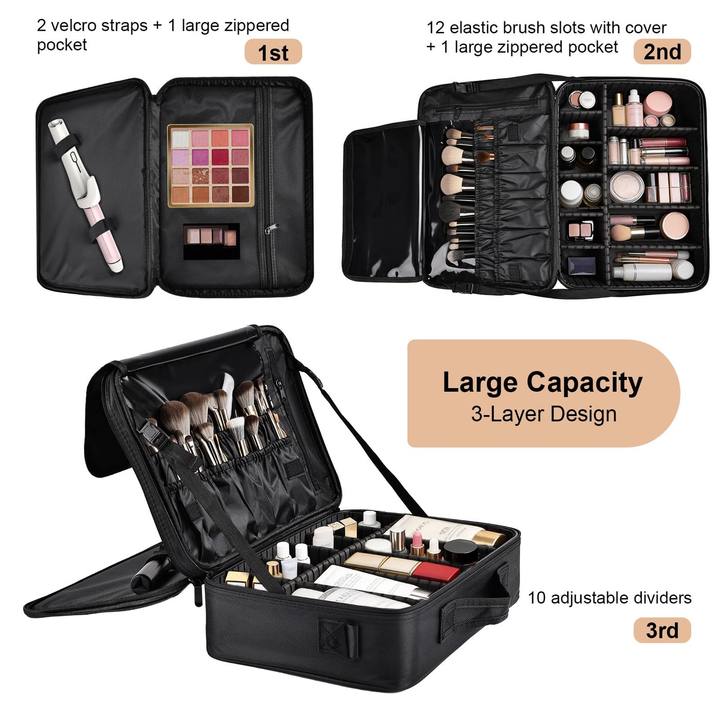 Professional Makeup Train Case with Brush Holder, Large Makeup Travel Bag Organizer, Portable Cosmetic Carry Case 3 Layer Makeup Artist Storage Box with Adjustable Dividers and Shoulder Strap, Black