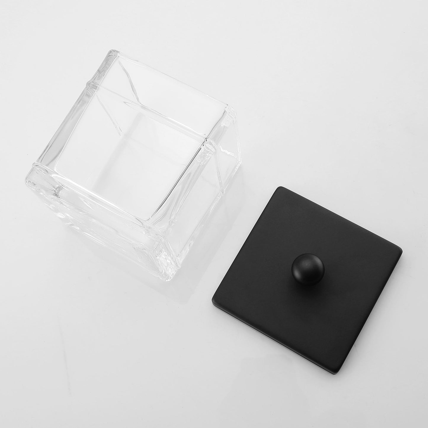 Indecor Home Clear Transparent Hotel Style Apothecary Tempered Glass Canister Jar W/ Matte Black Metal Lid Cover, Classic Countertop Organizer for Cotton balls/pads, Floss Picks, Makeup Storage