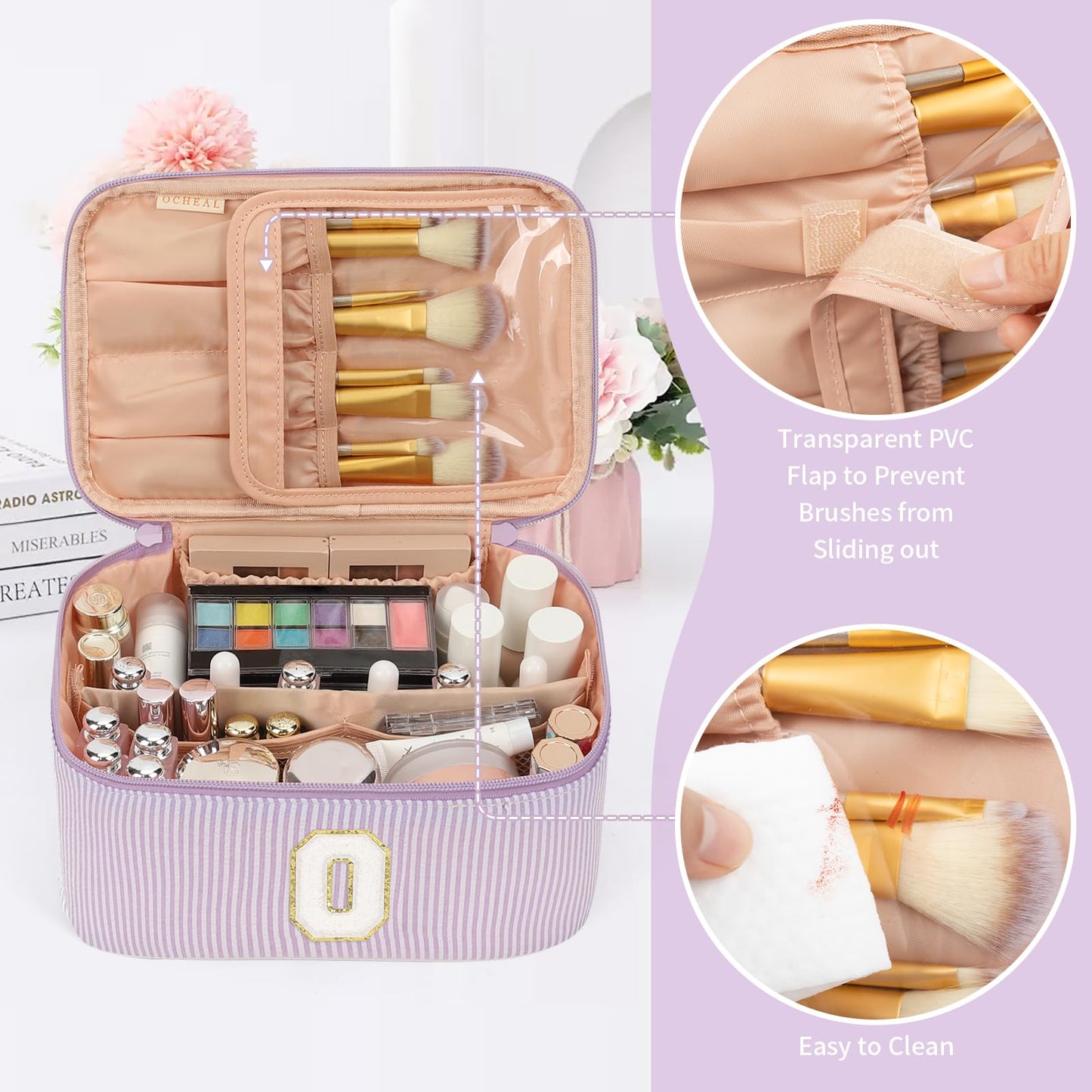 OCHEAL Makeup Bag for Women, Monogram Cosmetic Bag Purple Travel Makeup Case Beauty Toiletry Bag Organizer Personalized Gifts for Girls Bridesmaid, Sister, Wife, Friends Initial O