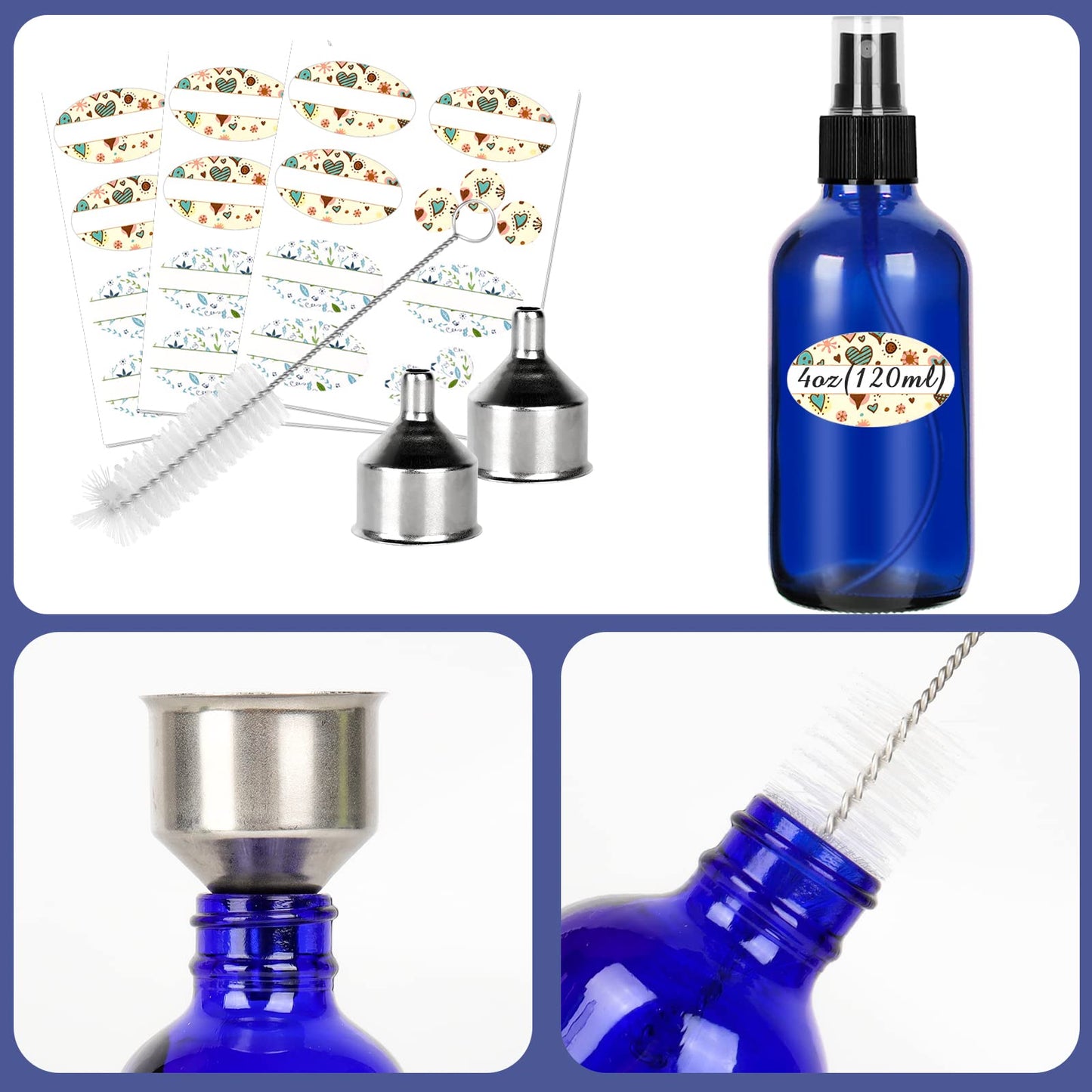 CycleMore 120ml 16 Pack 4oz Blue Glass Spray Bottles with Fine Mist Sprayers, Glass Travel Bottles for Cosmetic, Essential Oils, Cleaning Solutions, Perfumes & More Liquids Ideal for Friends