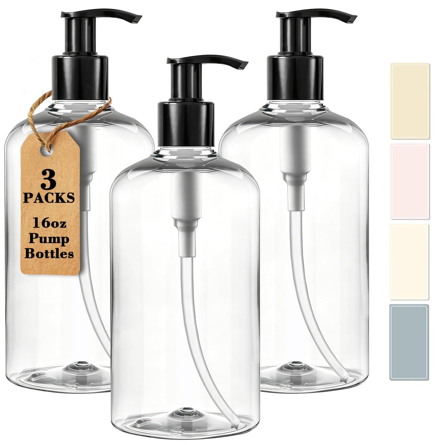 3 Packs Pump Bottle 16oz Empty Shampoo and Conditioner Bottles for Body Wash Lotion Clear Bottle Dispenser with Black Pump