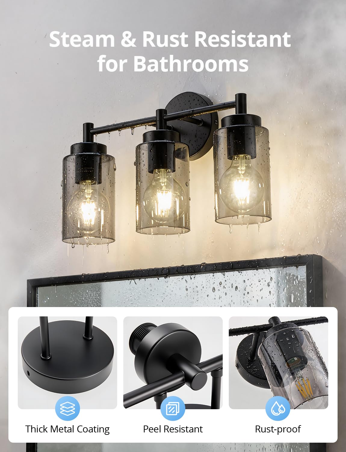 Combuh 3 Light Bathroom Light Fixtures Modern, Black Over Mirror Lamp