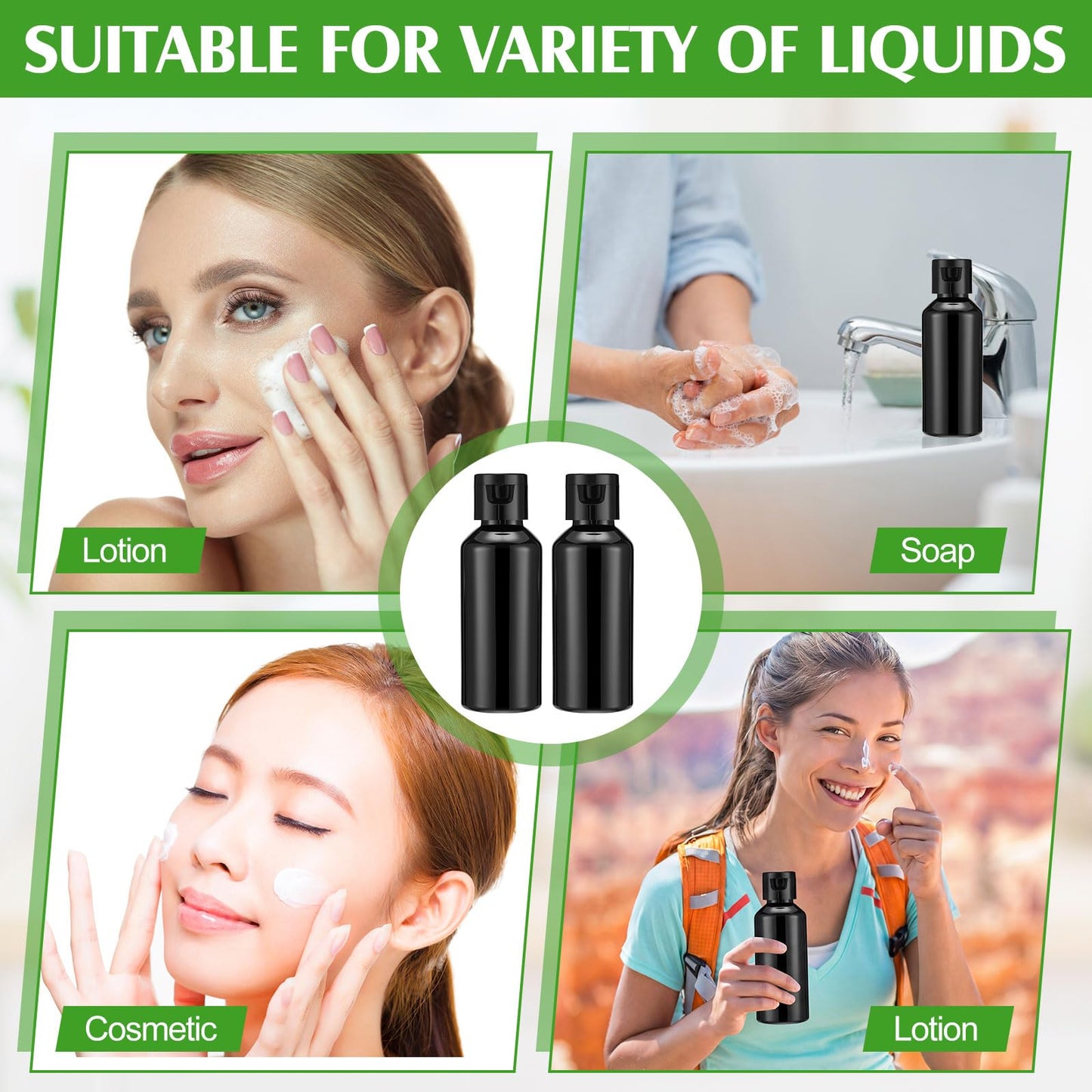 Eccliy 100 Pack 2 oz Plastic Bottles Travel Lotion Bottle Squeeze Container Plastic Bottles with Caps Small Travel Empty Refillable Toiletry Containers for Liquid Lotion Creams with 5 Funnels (Black)