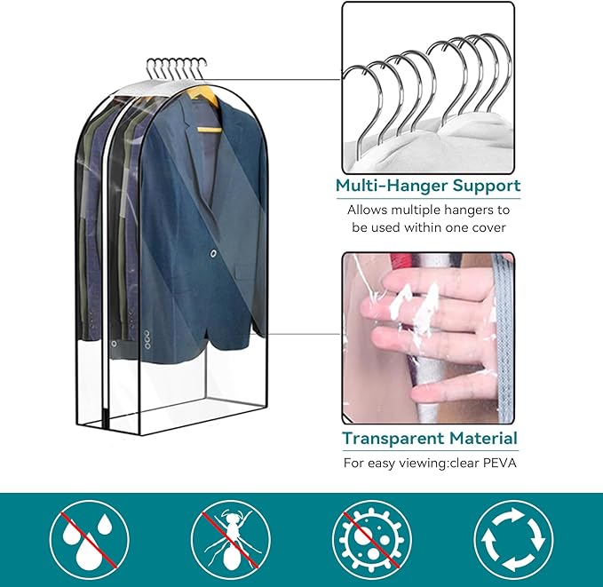10” Gusseted Clear Garment Bags, 40” Hanging Suit Bags for Closet Storage - Protect Clothes, Suits, Coats, Dresses - 3 Pack (40 inch)