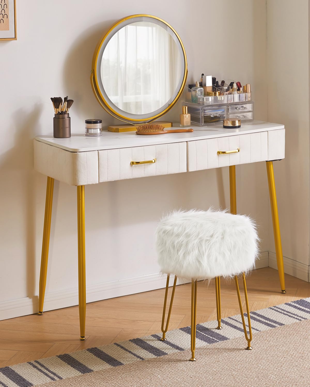 IBUYKE Round Faux Fur Vanity Stool with Storage, Furry Makeup Chair Ottoman, Soft Padded Seat, Round Footrest Footstools with 4 Metal Legs, for Living Room Bedroom Entryway, White WBD021W