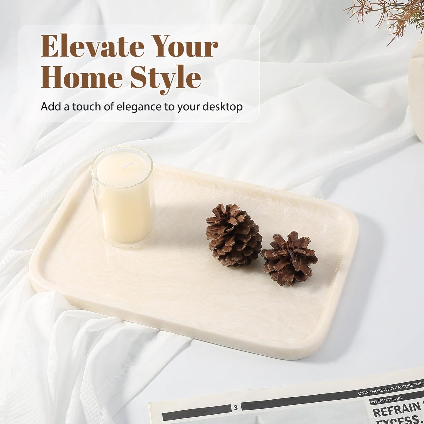 Koville Marble Tray, 12"x8" Marble Vanity Tray for Countertop Bathroom Kitchen Dresser, Decorative Catchall Trays for Perfume Jewelry, Rectangular Stone Serving Tray(Navona)